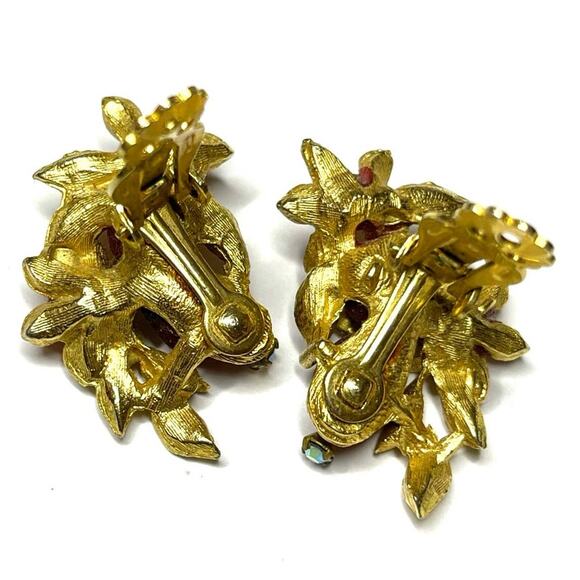 VINTAGE Earrings Red Faux Pearl Rhinestone Vtg Clip Estate Costume Jewelry AU02 - Picture 3 of 4